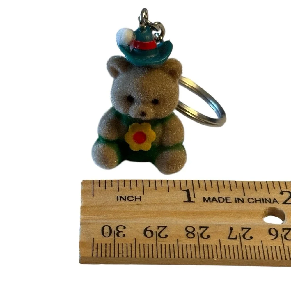 Flocked Teddy Bear Keychain‎ Fob Key Ring Brown Green Hat Flower Vintage 80s